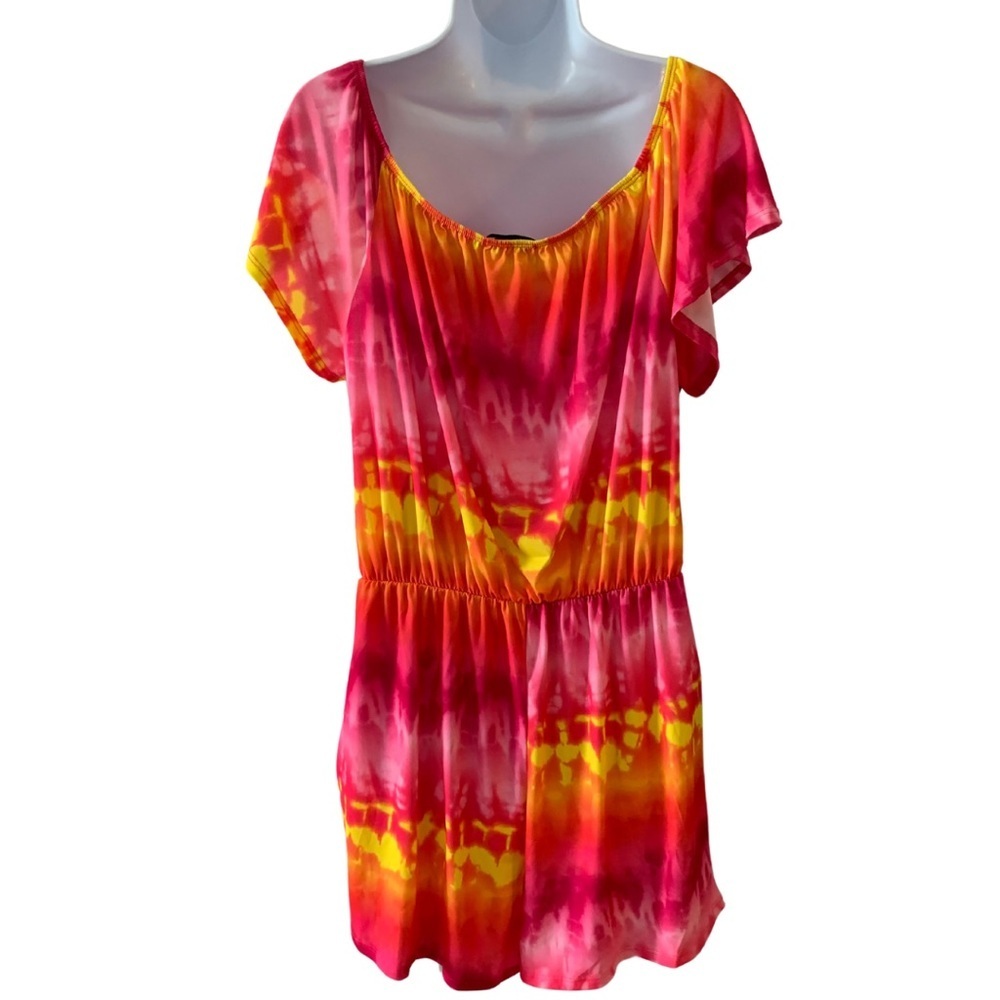 NWT-White Birch Sz Lg pink/orange/yellow tie die short sleeve romper w/pockets. - Picture 5 of 11